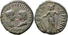 Roman Provincial THRACE. Mesembria. Philip I, with Otacilia Severa, 244-249. Tetrassarion (Bronze, 26 mm, 10.80 g, 7 h). ΑΥΤ Μ ΙΟΥΛ ΦΙΛΙΠΠΟC Μ ⲰΤ / CЄBHPAC / CЄ Laureate, draped and cuirassed bust of 