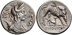 Roman Republican & Imperatorial C. Hosidius C.f. Geta, 64 BC. Denarius (Silver, 17 mm, 3.97 g, 5 h), Rome. GETA - III•VIR Diademed and draped bust of Diana to right, with bow and quiver over her shoul