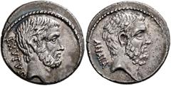 Roman Republican & Imperatorial M. Junius Brutus, 54 BC. Denarius (Silver, 19 mm, 3.67 g, 5 h), Rome. BRVTVS Bearded head of L. Junius Brutus to right. Rev. AHALA Bearded head of C. Servilius Ahala to