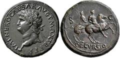 Roman Imperial Nero, AD 54-68. Sestertius (Orichalcum, 37 mm, 29.24 g, 6 h), Lugdunum, 67. IMP NERO CAESAR AVG P MAX TR P P P Laureate head of Nero to left, globe at point of neck. Rev. DECVRSIO / S -