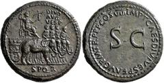 Roman Imperial Divus Vespasian, died 79. Sestertius (Orichalcum, 34 mm, 24.86 g, 6 h), Rome, struck under Titus, 80-81. DIVO / AVG / VESP / S P Q R Divus Vespasian, radiate and togate, seated right in