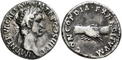 Roman Imperial Nerva, 96-98. Denarius (Silver, 17 mm, 3.39 g, 6 h), Rome, 97. IMP NERVA CAES AVG P M TR P II COS III P P Laureate head of Nerva to right. Rev. CONCORDIA EXERCITVVM Clasped right hands.