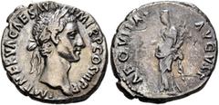 Roman Imperial Nerva, 96-98. Denarius (Silver, 19 mm, 3.46 g, 6 h), Rome, 97. IMP NERVA CAES AVG P M TR P COS III P P Laureate head of Nerva to right. Rev. AEQVITAS AVGVST Aequitas standing front, hea