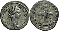 Roman Imperial Nerva, 96-98. Dupondius (Orichalcum, 29 mm, 15.56 g, 5 h), Rome, 97. IMP NERVA CAES AVG P M TR P COS III P P Radiate head of Nerva to right. Rev. CONCORDIA EXERCITVVM Clasped right hand