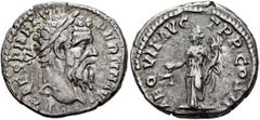 Roman Imperial Pertinax, 193. Denarius (Silver, 19 mm, 3.46 g, 12 h), Rome. IMP CAES P HELV PERTIN AVG Laureate head of Pertinax to right. Rev. AEQVIT AVG TR P COS II Aequitas standing front, head to 