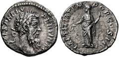 Roman Imperial Pertinax, 193. Denarius (Silver, 18 mm, 2.82 g, 6 h), Rome. IMP CAES P HELV PERTIN AVG Laureate head of Pertinax to right. Rev. LAETITIA TEMPOR COS II Laetitia standing front, head to l