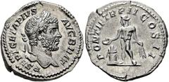 Roman Imperial Geta, 209-211. Denarius (Silver, 20 mm, 3.22 g, 6 h), Rome, 210. P SEPT GETA PIVS AVG BRIT Laureate head of Geta to right. Rev. PONTIF TR P II COS II Genius standing front, head to left