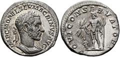 Roman Imperial Macrinus, 217-218. Denarius (Silver, 18 mm, 3.20 g, 6 h), Rome, spring-summer 217. IMP C M OPEL SEV MACRINVS AVG Laureate and cuirassed bust of Macrinus to right. Rev. IOVI CONSERVATORI