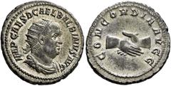 Roman Imperial Balbinus, 238. Antoninianus (Silver, 23 mm, 5.05 g, 6 h), Rome, April-June 238. IMP CAES D CAEL BALBINVS AVG Radiate, draped and cuirassed bust of Balbinus to right. Rev. CONCORDIA AVGG