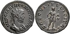 Roman Imperial Carinus, 283-285. Antoninianus (Silvered bronze, 22 mm, 4.10 g, 1 h), Lugdunum, 283. IMP C M AVR CARINVS AVG Radiate, draped and cuirassed bust of Carinus to right. Rev. SAECVLI FELICIT