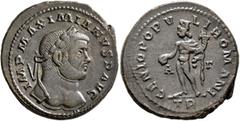 Roman Imperial Maximianus, first reign, 286-305. Follis (Bronze, 28 mm, 11.33 g, 6 h), Treveri, circa 296-297. IMP MAXIMIANVS P AVG Heroic nude and laureate bust of Maximianus to right. Rev. GENIO POP
