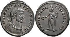 Roman Imperial Galerius, as Caesar, 293-305. Follis (Silvered bronze, 28 mm, 9.37 g, 6 h), Londinium, circa 296-303. MAXIMIANVS NOB CAES Laureate and cuirassed bust of Galerius to right. Rev. GENIO PO