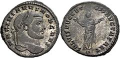 Roman Imperial Galerius, as Caesar, 293-305. Follis (Silvered bronze, 27 mm, 9.13 g, 7 h), Carthage, circa 298-299. MAXIMIANVS NOB CAES Laureate head of Galerius to right. Rev. SALVIS AVGG ET [CA]ESS 