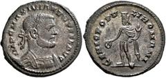Roman Imperial Galerius, 305-311. Follis (Silvered bronze, 28 mm, 9.08 g, 6 h), Londinium, 1 May 305-spring 307. IMP C MAXIMIANVS P FEL AVG Laureate and cuirassed bust of Galerius to right. Rev. GENIO