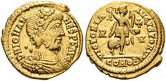 Roman Imperial Johannes, usurper, 423-425. Tremissis (Gold, 13 mm, 1.46 g, 6 h), Ravenna. D N IOHAN-NES P F AVG Pearl-and-rosette-diademed, draped and cuirassed bust of Johannes to right. Rev. VICTORI