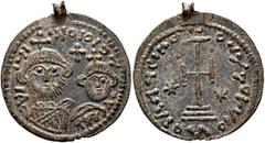 Byzantine Heraclius, with Heraclius Constantine, 610-641. Pendant (Bronze, 21 mm, 0.97 g, 12 h), imitating a light weight solidus of 23 siliquae from Constantinopolis, after 613. VIi•IINCIOICV On the 