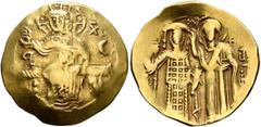 Byzantine John III Ducas (Vatatzes), emperor of Nicaea, 1222-1254. Hyperpyron (Gold, 25 mm, 4.30 g, 6 h), Magnesia. Christ, nimbate, seated facing on throne, wearing tunic and pallium, raising his rig