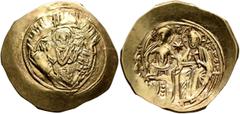 Byzantine Michael VIII Palaeologus, 1261-1282. Hyperpyron (Gold, 27 mm, 4.24 g, 6 h), Constantinopolis. Bust of Virgin Mary, orans, within city walls furnished with six groups of towers. Rev. X/M / ΔЄ