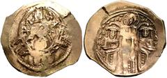Byzantine Andronicus II Palaeologus, with Michael IX, 1282-1328. Hyperpyron (Electrum, 25 mm, 3.81 g, 6 h), Constantinopolis. Bust of Virgin Mary, orans, flanked by two stars, all within city walls fu