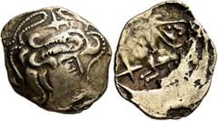 Celtic NORTHWEST GAUL. Osismii. Late 2nd to mid 1st century BC. Stater (Electrum, 24 mm, 7.03 g, 12 h), 'au personnage couché' type. Celticized head of Apollo to right, with strings of pearls ending i