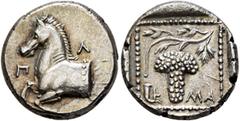 Greek THRACE. Maroneia. Circa 398/7-386/5 BC. Triobol (Silver, 14.5 mm, 2.80 g, 7 h). Π - Λ Forepart of a horse to left. Rev. Grape bunch on vine; to lower left, rhyton to right; to lower right, MA; a