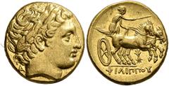 Greek KINGS OF MACEDON. Philip II, 359-336 BC. Stater (Gold, 18 mm, 8.60 g, 12 h), Pella, struck by Antipater or Polyperchon, under Philip III, circa 323-318/7 BC. Laureate head of Apollo to right; in