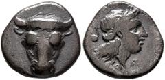 Greek PHOKIS, Federal Coinage. Circa 352-351 BC. Triobol (Silver, 14 mm, 2.49 g, 12 h), struck under Phayllos, strategos. Facing head of a bull. Rev. ΦΩ Laureate head of Artemis to right; in field to 