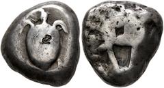 Greek ISLANDS OFF ATTICA, Aegina. Circa 525-480 BC. Stater (Silver, 19 mm, 12.22 g). Sea turtle seen from above, head in profile; on carapace, banker's mark: owl standing right, head facing, within in