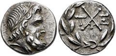 Greek ACHAIA, Achaian League. Tegea. Circa 175-168 BC. Triobol or Hemidrachm (Silver, 14 mm, 2.30 g, 6 h). Laureate head of Zeus to right. Rev. Achaean League monogram; T-E across field; all within la