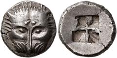 Greek CIMMERIAN BOSPOROS. Pantikapaion. Circa 480-470 BC. Triobol (Silver, 13 mm, 3.08 g). Facing head of a lion. Rev. Quadripartite incuse square. Frolova Type I. HGC 7, 31. MacDonald 1/5. SNG BM Bla