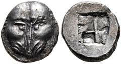 Greek CIMMERIAN BOSPOROS. Pantikapaion. Circa 480-470 BC. Triobol (Silver, 13 mm, 2.41 g). Facing head of a lion. Rev. Quadripartite incuse square. Frolova Type I. HGC 7, 31. MacDonald 1/5. SNG BM Bla