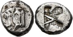 Greek DYNASTS OF LYCIA. Kybernis (?), circa 500-480 BC. Stater (Silver, 21 mm, 9.41 g). Forepart of a boar to left, ending in a pelleted vertical line; on the shoulder, KVB (retrograde). Rev. Irregula