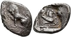 Greek DYNASTS OF LYCIA. Amm... (?), circa 480-460 BC. Stater (Silver, 26 mm, 9.18 g, 5 h), uncertain mint. Lion seated to left, head facing and right foreleg raised. Rev. Forepart of bridled Pegasos t