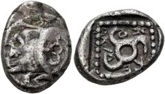 Greek DYNASTS OF LYCIA. Ekuwemi, circa 480-460 BC. Tetrobol or Third Stater (Silver, 15 mm, 2.89 g), uncertain mint. Forepart of boar to left; on its shoulder, triskeles. Rev. 𐊚-𐊋𐊒𐊇-𐊚𐊎-𐊆 ('Ēkuw