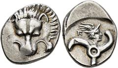 Greek DYNASTS OF LYCIA. Perikles, circa 380-360 BC. 1/3 Stater (Silver, 17 mm, 2.94 g, 5 h), uncertain mint. Facing lion's scalp. Rev. [𐊓𐊁𐊕-𐊆𐊋𐊍]-𐊁 ('Perikle' in Lycian) Triskeles; above, head o