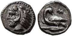 Greek CILICIA. Mallos. Circa 385-333 BC. Hemiobol (Silver, 7 mm, 0.33 g, 6 h). Head of bearded Herakles to left, wearing lion skin headdress. Rev. Swan standing left on barley gran, head turned back r
