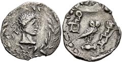 Greek ARABIA, Southern. Saba'. 1st century AD. Half Unit (Silver, 17 mm, 2.24 g, 5 h), imitating Athen's 'New Style'-coinage, but with Roman-style bust. Roman-style laureate head to right within wreat