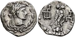 Greek ARABIA, Southern. Saba'. 1st century AD. Quarter Unit (Silver, 13 mm, 1.23 g, 6 h), imitating Athen's 'New Style'-coinage, but with Roman-style bust. Roman-style laureate head to right within wr