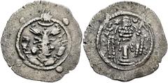 Central Asian HUNNIC TRIBES, Hephthalites. 6th century. Drachm (Silver, 31 mm, 3.70 g, 4 h), imitating a drachm of the Sasanian King Peroz I (457/9-484) from Balkh. Draped bust of Peroz I to right, we