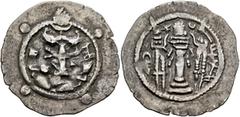 Central Asian HUNNIC TRIBES, Hephthalites. 6th century. Drachm (Silver, 30 mm, 3.70 g, 3 h), imitating a drachm of the Sasanian King Peroz I (457/9-484) from Balkh. Draped bust of Peroz I to right, we
