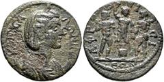 Roman Provincial CARIA. Aphrodisias. Salonina, Augusta, 254-268. Diassarion (Bronze, 25 mm, 6.52 g, 7 h). ΚΟΡΝ ϹΑΛΩΝΙΝΑ Diademed and draped bust of Salonina on crescent to right. Rev. ΑΦΡΟΔЄΙϹΙЄΩΝ Thr