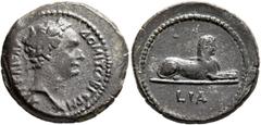 Roman Provincial EGYPT. Alexandria. Domitian, 81-96. Obol (Bronze, 19 mm, 4.00 g, 1 h), RY 11 = 92/3. AYT KAICAP ΔOMIT CЄB ΓЄPM Laureate head of Domitian to right. Rev. L IA Sphinx reclining to right.