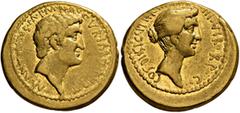 Roman Republican & Imperatorial Mark Antony, 44-30 BC. Aureus (Gold, 20 mm, 8.24 g, 1 h), with Octavia. Athens, circa summer 38. M•ANTONIVS•M•Γ•M•N•AVGVR•IMP•TIIRT Bare head of Mark Antony to right. R