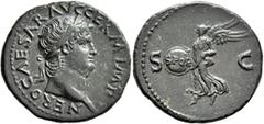 Roman Imperial Nero, AD 54-68. As (Copper, 28 mm, 8.69 g, 5 h), Rome, 65. NERO CAESAR AVG GERM IMP Laureate head of Nero to right. Rev. S - C Victory flying left, holding shield inscribed S P Q R with