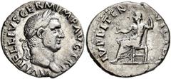 Roman Imperial Vitellius, 69. Denarius (Silver, 18 mm, 2.63 g, 6 h), Rome. A VITELLIVS GERM IMP AVG TR P Laureate head of Vitellius to right. Rev. IVPPITER VICTOR Jupiter seated left, holding Victory 