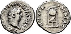 Roman Imperial Vitellius, 69. Denarius (Silver, 18 mm, 2.89 g, 6 h), Rome. A VITELLIVS GERMAN IMP TR P Laureate head of Vitellius to right. Rev. XV VIR SACR FAC Tripod with covered vessel; above, dolp