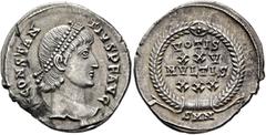 Roman Imperial Constantius II, 337-361. Siliqua (Silver, 22 mm, 3.16 g, 12 h), Nicomedia, spring 340-March 351. [D] N CONSTAN-TIVS P F AVG Pearl-diademed head of Constantius II to right. Rev. VOTIS / 