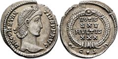 Roman Imperial Constantius II, 337-361. Siliqua (Silver, 21 mm, 3.18 g, 12 h), Constantinopolis, Spring 340-March 351. D N CONSTAN-TIVS P F AVG Pearl-diademed head of Constantius II to right. Rev. VOT