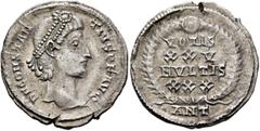 Roman Imperial Constantius II, 337-361. Siliqua (Silver, 20 mm, 3.17 g, 6 h), Antiochia, late 347-November 355. D N CONSTAN-TIVS P F AVG Pearl-diademed head of Constantius II to right. Rev. VOTIS / XX
