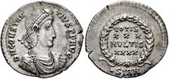 Roman Imperial Constantius II, 337-361. Siliqua (Silver, 22 mm, 3.24 g, 1 h), Sirmium, September 351-November 355. D N CONSTAN-TIVS P F AVG Pearl-diademed, draped and cuirassed bust of Constantius II 